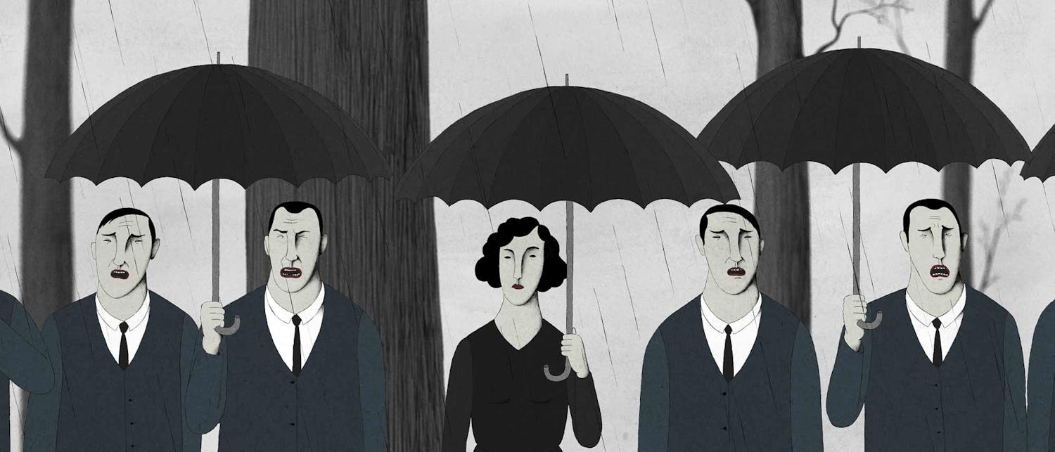 shorts cpver. 4 men with umbrella and a woman